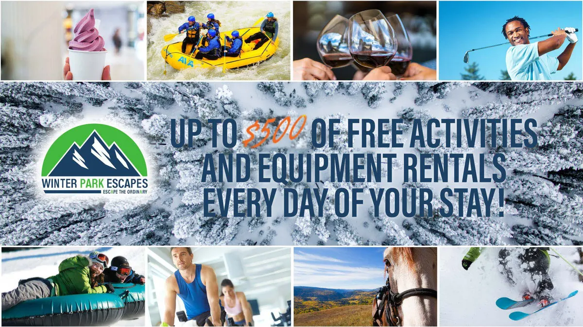 A collage-style interior shot highlighting a variety of adventurous activities including rafting on a river, skiing, horseback riding, golfing, spa visits, gourmet dining, wine tasting, and a glimpse of ice cream—evoking both excitement and relaxation.