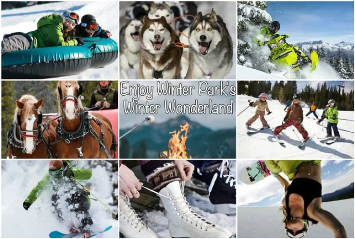 A lively winter scene featuring families and children enjoying snow tubing, huskies pulling sleds, snowmobiles, kids learning to ski, a cozy campfire, and snowy mountains in the background. The energy and joy of various winter sports and outdoor activities are evident.