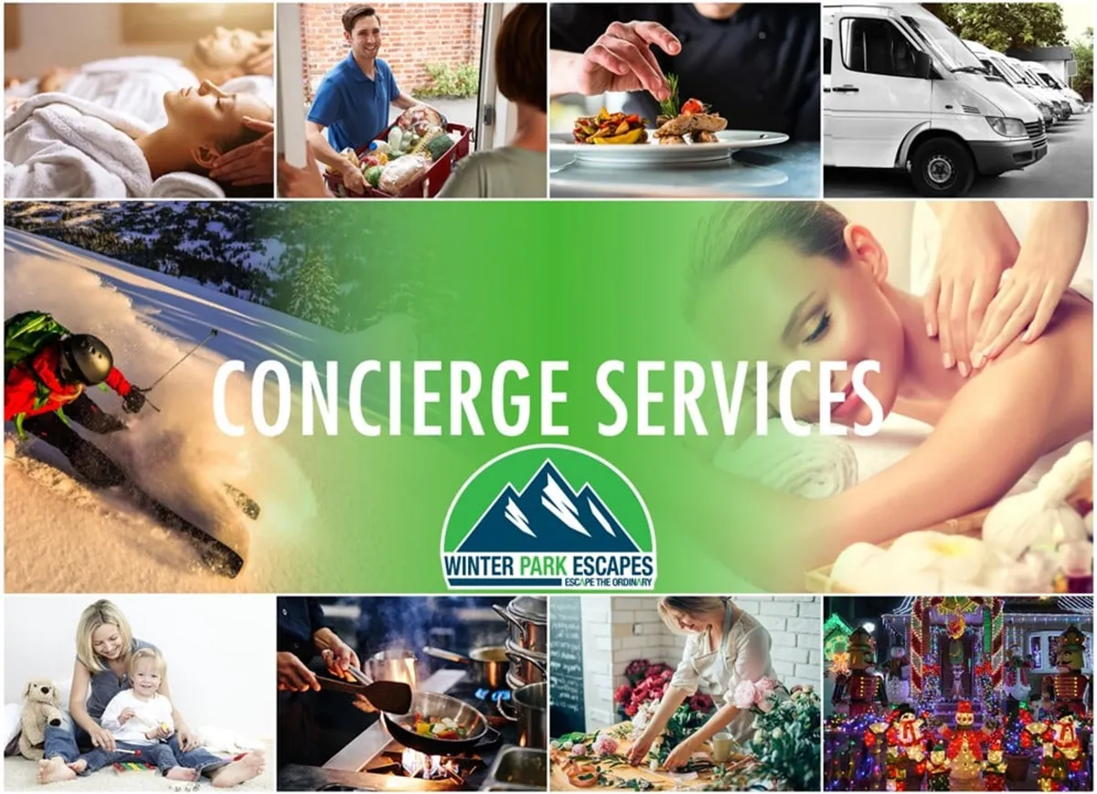 A collage-style scene showing spa treatments, gourmet food delivery, skiing, family activities, festive cooking, and holiday decorations. The vibrant imagery showcases both relaxation and adventure, illustrating a range of concierge and resort-style services available to guests.