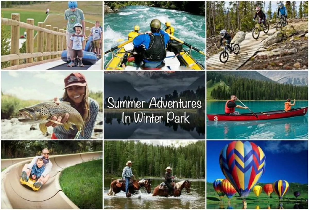 A vibrant collage of family activities including white-water rafting, biking, fishing, canoeing, horseback riding, water sliding, and hot air ballooning. The scene is filled with smiling families and lush outdoor scenery, highlighting summer and adventure sports.